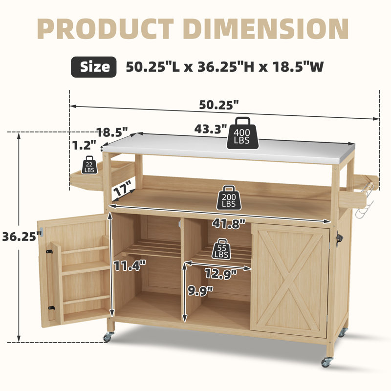 50'' Outdoor Solid Wood Kitchen Island Cart, Rolling Bar Cart, Grill Cart, Farmhouse Outdoor Grill Table With Stainless Steel Top, Spice Rack, Towel Rack For Kitchen&Bbq