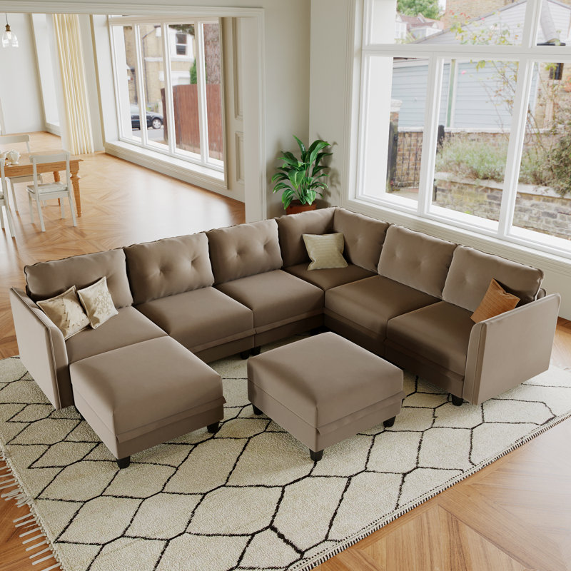 Tomario 8- Piece Upholstered U-Shaped Modular Sectional With Storage, Brown Polyester