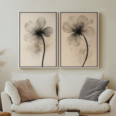 Framed Canvas Wall Art - Neutral Abstract Floral Line Art Prints - 16"x24"x2pcs