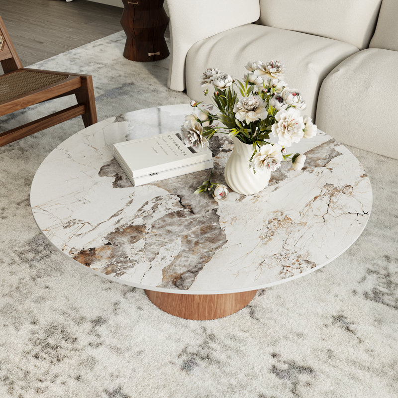  39'' Stone Round Coffee Table Wooden Pedestal Center Cocktail Table Side Table Mid-Century Modern For Living Room & Home Decor