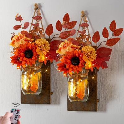 Chrysanthemum Rustic Mason Jar Wall Sconces With Led Fairy Lights (set Of 2)
