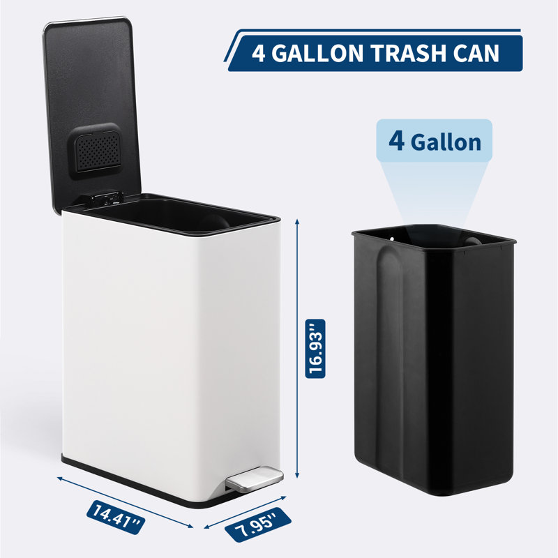 Poubelle en acier inoxydable 4 gallons avec couvercle à fermeture douce, marche-pieds pour la cuisine et le salon, Blanc
