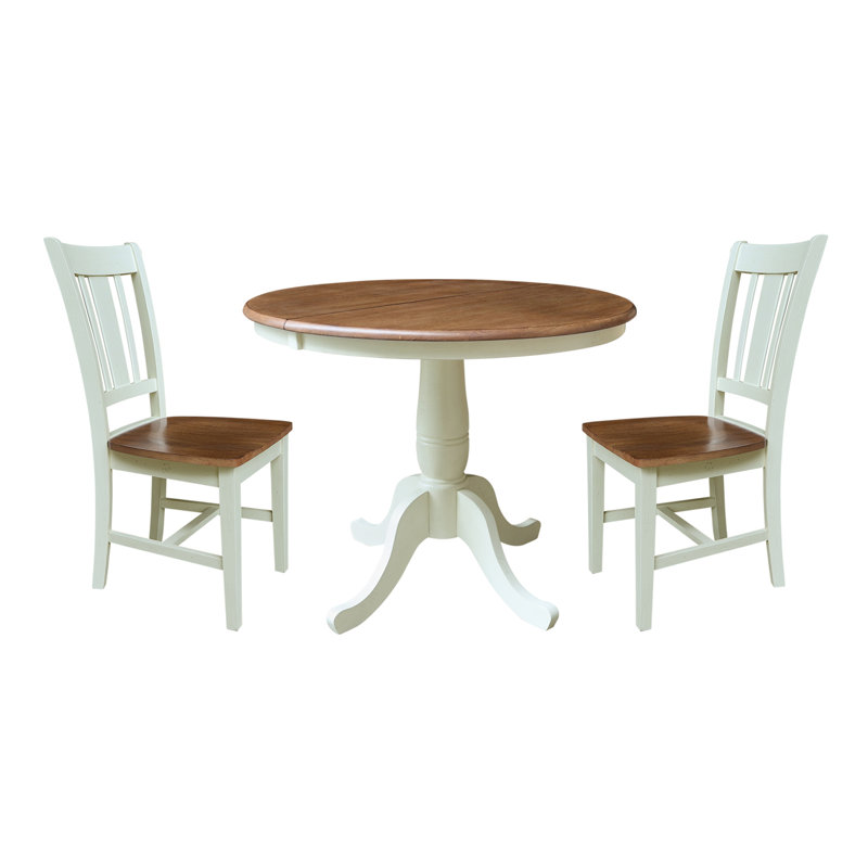 Garbaez Extendable Solid Wood Top Pedestal Dining Set, Hickory/Shell