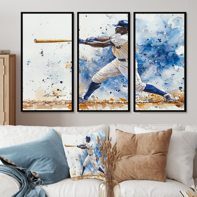 Joueur de baseball blanc bleu frappant une balle fétide - ensemble de salon d'art mural de baseball sport