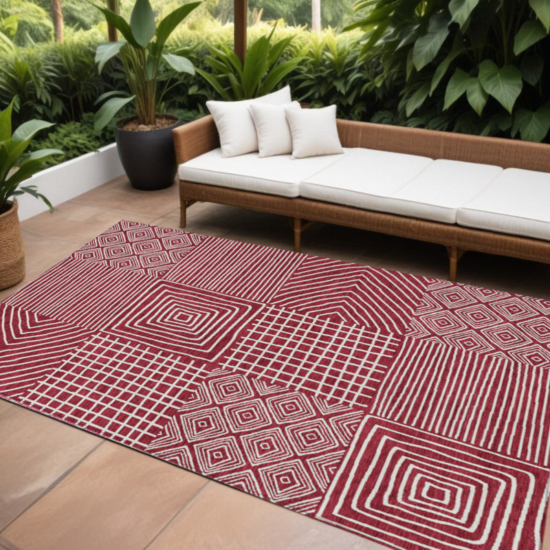 Tapis intérieur lavable extérieur géométrique 10 pi x 14 pi rouge