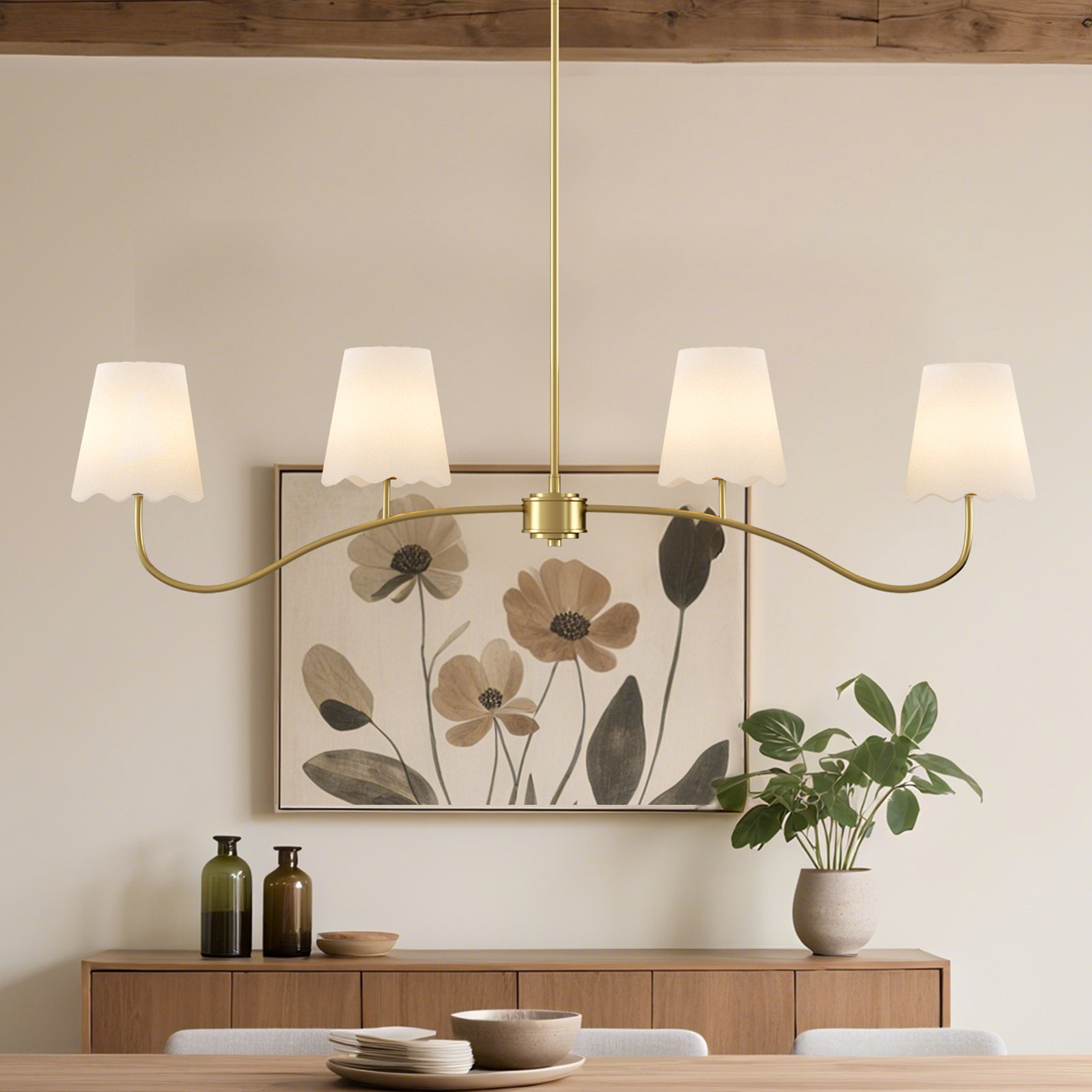 Conner Dimmable Wrought Iron 4-Light Pendant, Polished Brass
