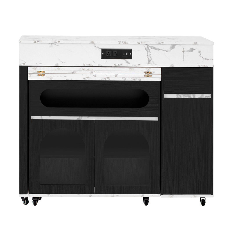 Black & Marble White Multifunctional Extendable Dining Table, Rolling Kitchen Island With Drawers Power Outlet Brake Lock Storage Cabinet