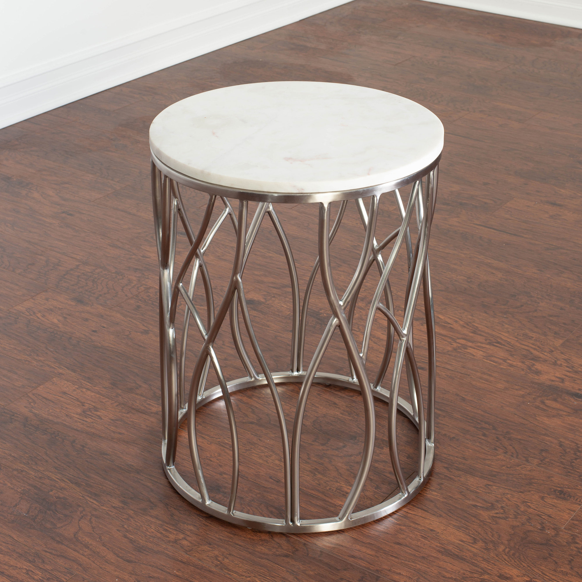 Everly Quinn Kameral Round Marble End Table with Stainless Steel Base ...