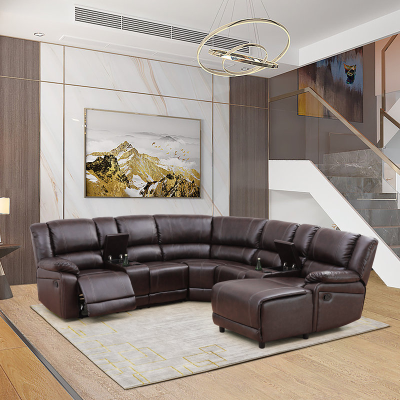 Ensemble de canapé modulaire inclinable manuel 5 pièces en cuir végétalien brun avec méridienne