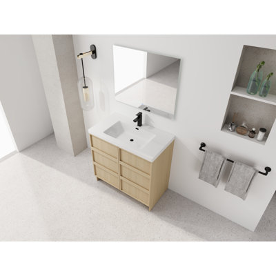 Meuble-lavabo sur pied 36 po avec lavabo en résine et 2 portes d'armoire à fermeture en douceur, contreplaqué, chêne Dune