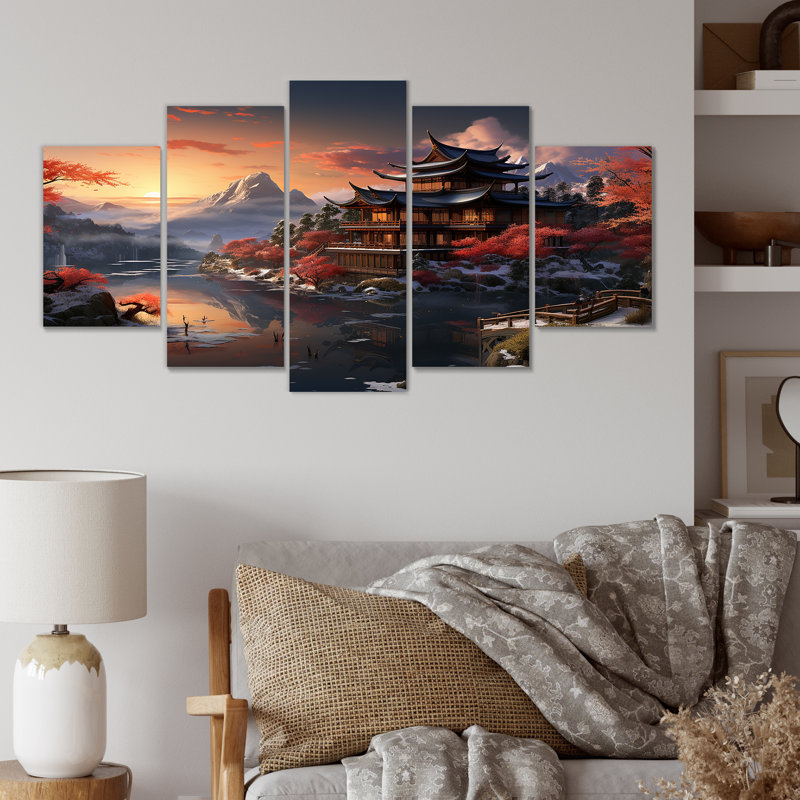  «Asian Snow Landscape Temple Serenity I - China Multipanel Wall Art Decor Set
