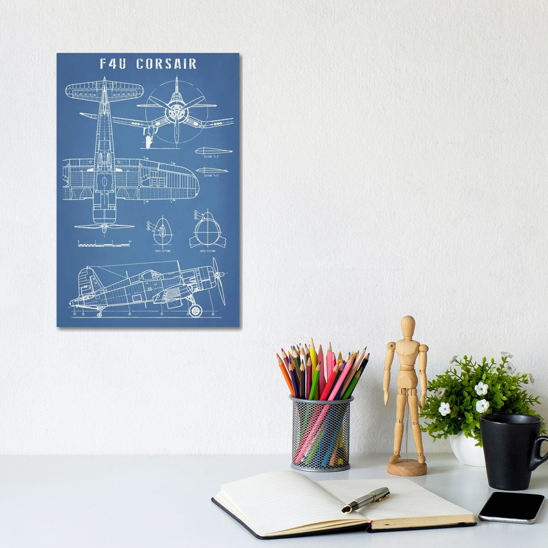 F4U Corsair Vintage Navy Airplane Blueprint by Action Blueprints - Wrapped Canvas Graphic Art East Urban Home 