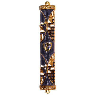 Jerusalem Jeweled Enamel Mezuzah with Gold Accents and Stunning Crystals, Jewish Mezuzah with Scroll for Door, Hand Painted Judaica Gift for Home Blessing and Protection