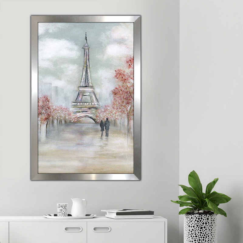 Paris au printemps par - Peinture, Encadrement argenté, H 39,5 po x l 27,5 po x P 0,75 po