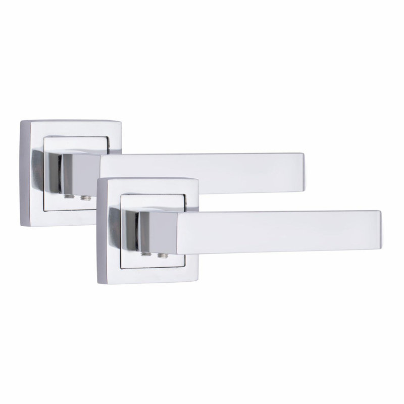  4 Pairs Premium Delta Design Door Handles on Square Rose in Polished Chrome with 2.5" Latch and 1 Pair of Ball Bearing Hinges