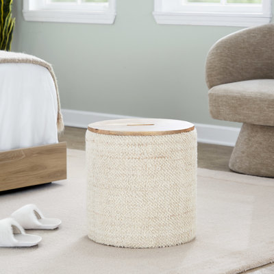 Laine beige tissée à la main multi-usages et bois de manguier avec design contemporain, couvercle amovible pour le rangement, largeur de 16,03 po, profondeur, 17 po, poids de 15 lb, utilisation intérieure seulement, limite de poids de 250 lb, non