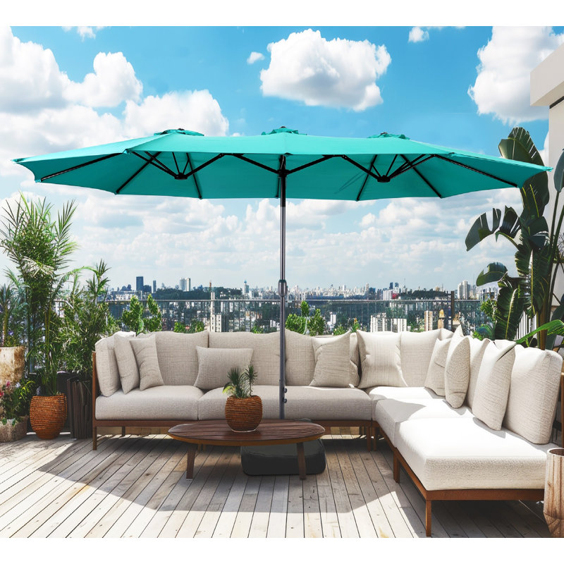 15Ft X 9Ft Patio Double-Sided Umbrella With Base & Crank, Extra Large Rectangular Outdoor Umbrella For Patio, Lawn & Garden