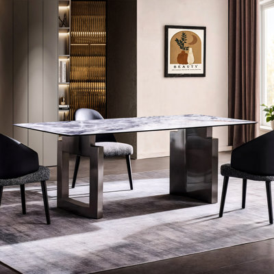 Table de salle à manger rectangulaire en marbre et en pierre frittée avec piédestaux doubles