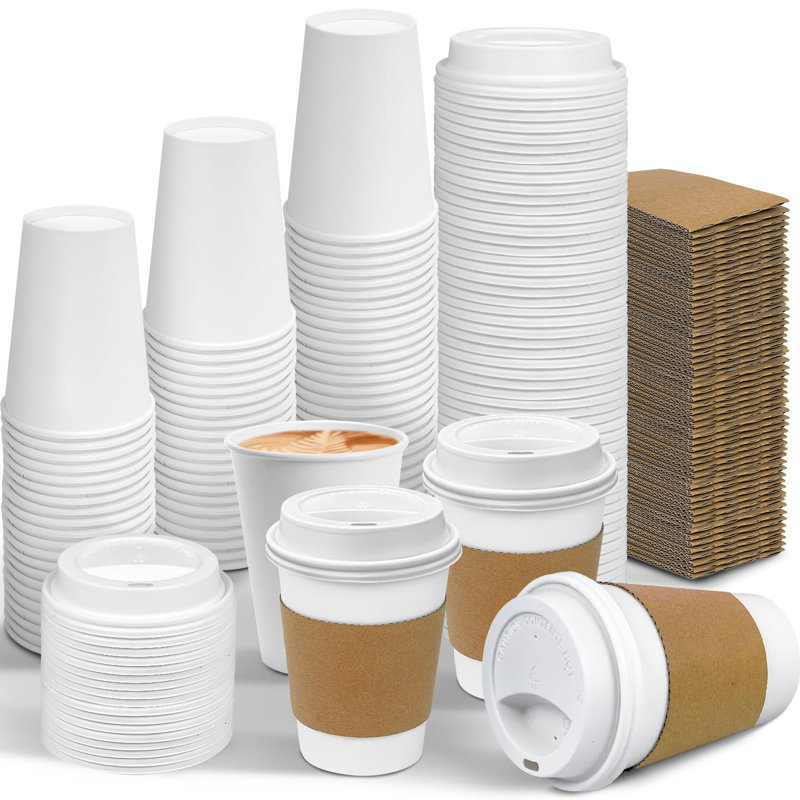 100 Pack 12 Oz Leak-Proof Coffee Cups With Lids And Sleeves Disposable To Go Hot Travel Paper Cups, Hot Chocolate, Cocoa, Tea, Coffee Bar Accessories