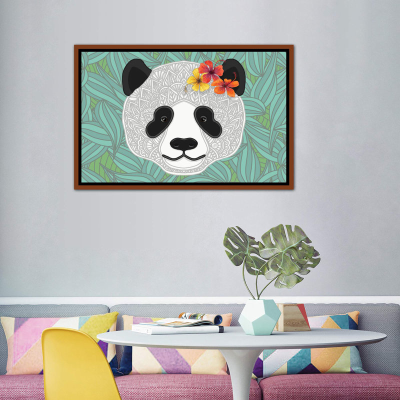 «Tropical Panda» par Angelika Parker - impression d'art graphique, Pas de tapis, Toile avec cadre en bois brun