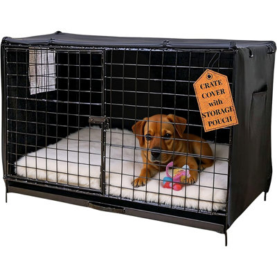 Housse de caisse pour chien de taille moyenne - conception imperméable durable avec tissu réducteur de lumière, fenêtre en filet, pochette de rangement et fermetures à glissière sur le côté, noir