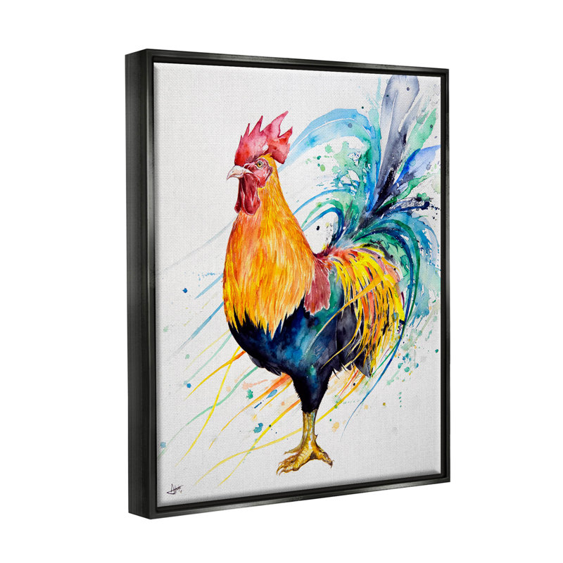 «Modern Rooster Rainbow Splatter» par Marc Allante - peinture à cadre flottant sur toile, Cadre noir