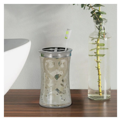 Mercury Glass Toothbrush Holder with Metal Base, Silver Finish Bathroom Organizer