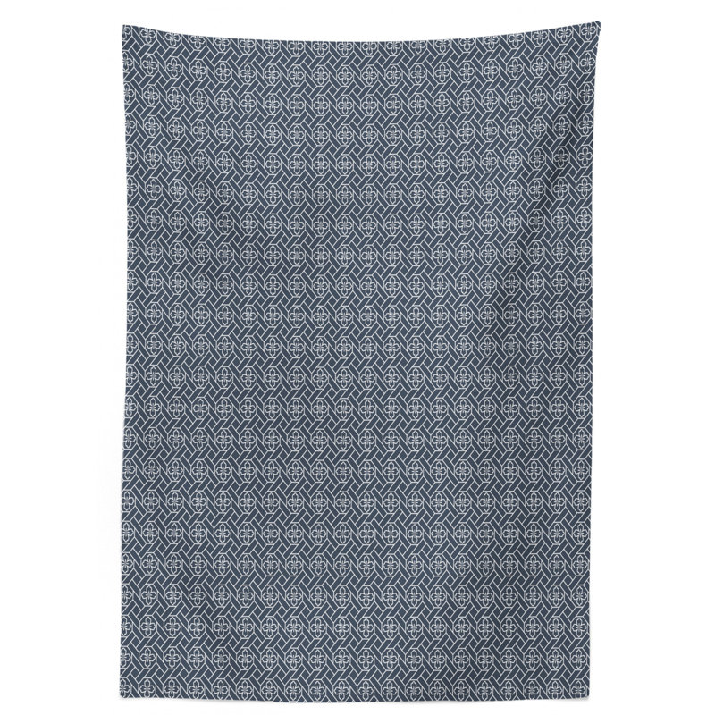 Japanese Dining Room Kitchen Tablecloth, 90" L x 60" W, Dark Blue/Black Geometric
