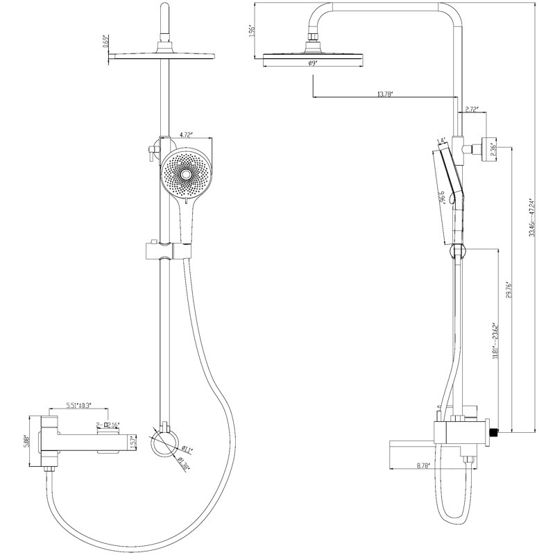 Système de douche complet à trois fonctions avec valve brute, Noir mat