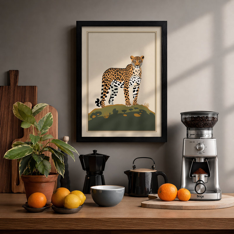 Alert Leopard Botanical - Framed Print, A1 - 84.1 x 59.4 cm, Black