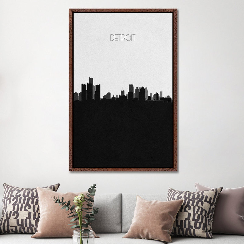 Detroit, Michigan City Skyline by Ayse Deniz Akerman - Print on Canvas, Classic Brown Wood Framed