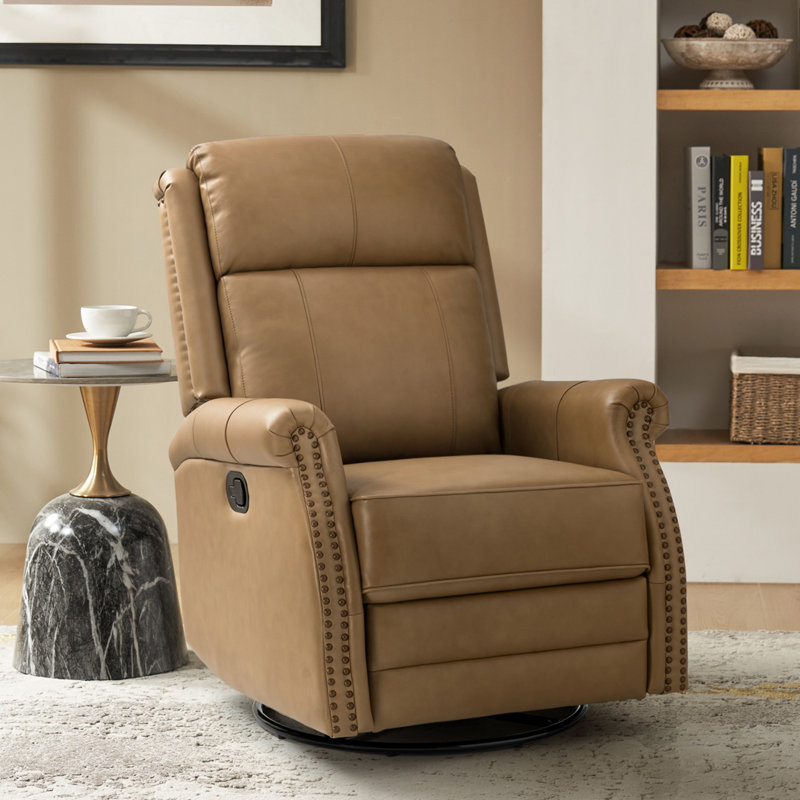 Anouschka 30.5" Wide Swivel Rocking Genuine Leather Manual Recliner, Taupe Genuine Leather