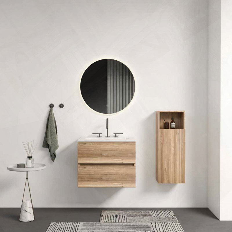 Meuble-lavabo mural avec lavabo en céramique intégré et grand rangement, Chêne