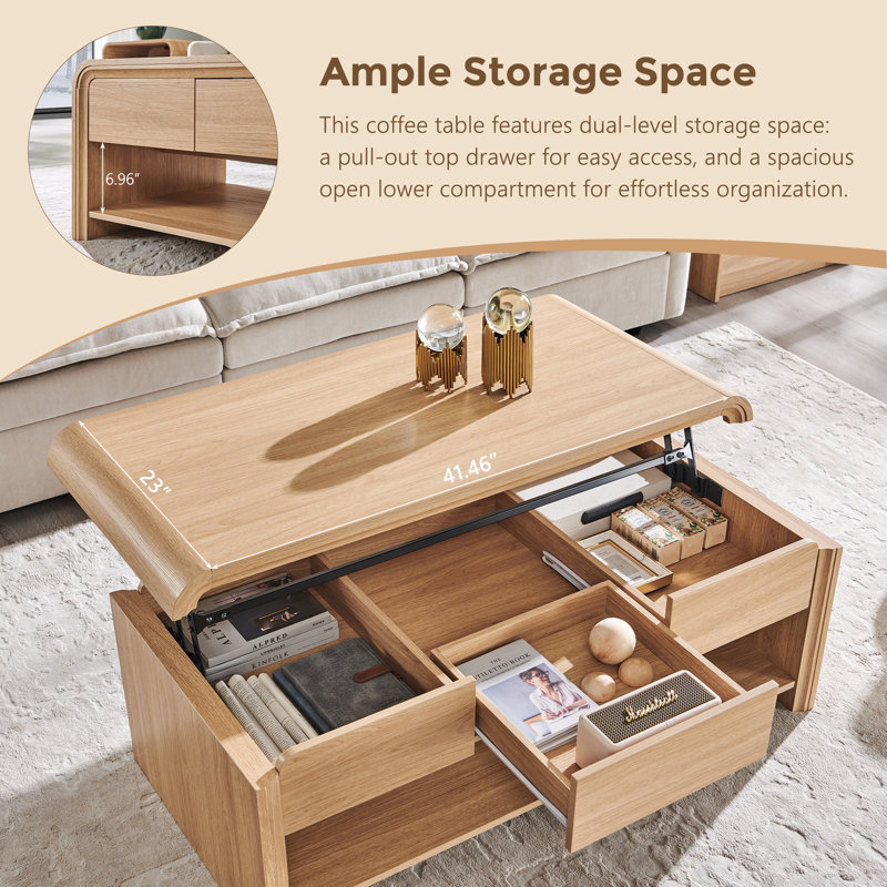 Maud  47" Lift Top Coffee Table with Pull-Out Drawer and Two-Tier Storage, Modern Coffee Table Rectangle Wood Center Table w/Curved Profile Design
