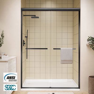 46"-48" W x 72" H Double Sliding Framed Shower Door in Matte Black with 1/4" Clear Tempered Glass, Dual Handles