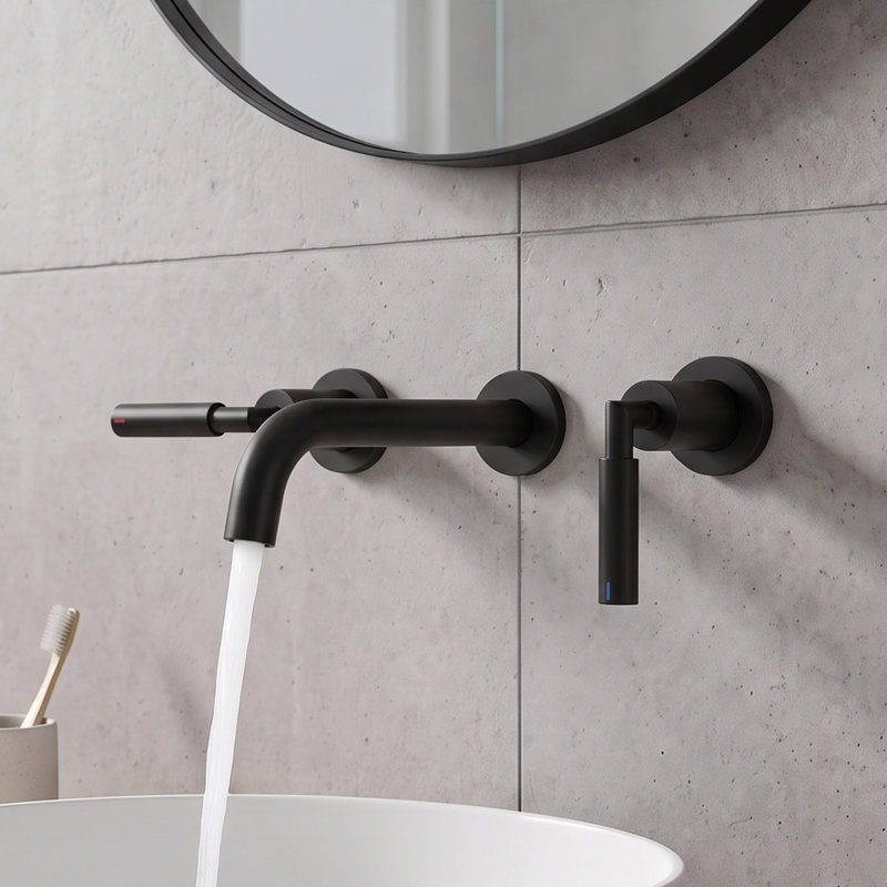Robinet de lavabo de salle de bain mural moderne à 2 poignées en laiton massif noir mat avec ensemble de bonde, Noir mat