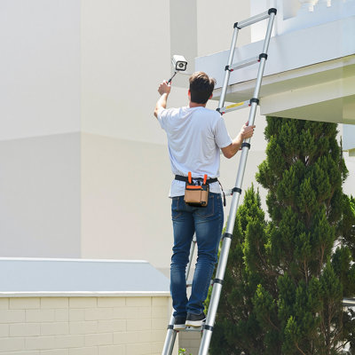 Échelle télescopique 12,5 pi, extension pliante polyvalente légère en aluminium, échelle rétractable à une touche, capacité maximale de 330 lb avec pieds antidérapants, pour la maison, les travaux extérieurs et le loft
