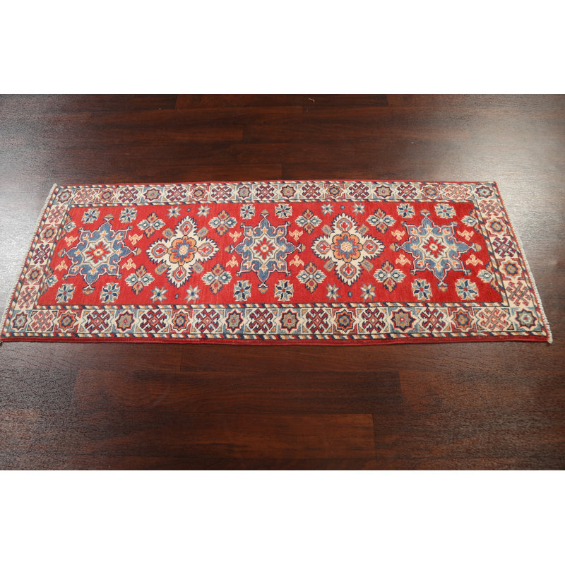 Tapis de couloir rouge en laine noué à la main de conception unique 2 pi 3 po x 5 pi 11 po New Age