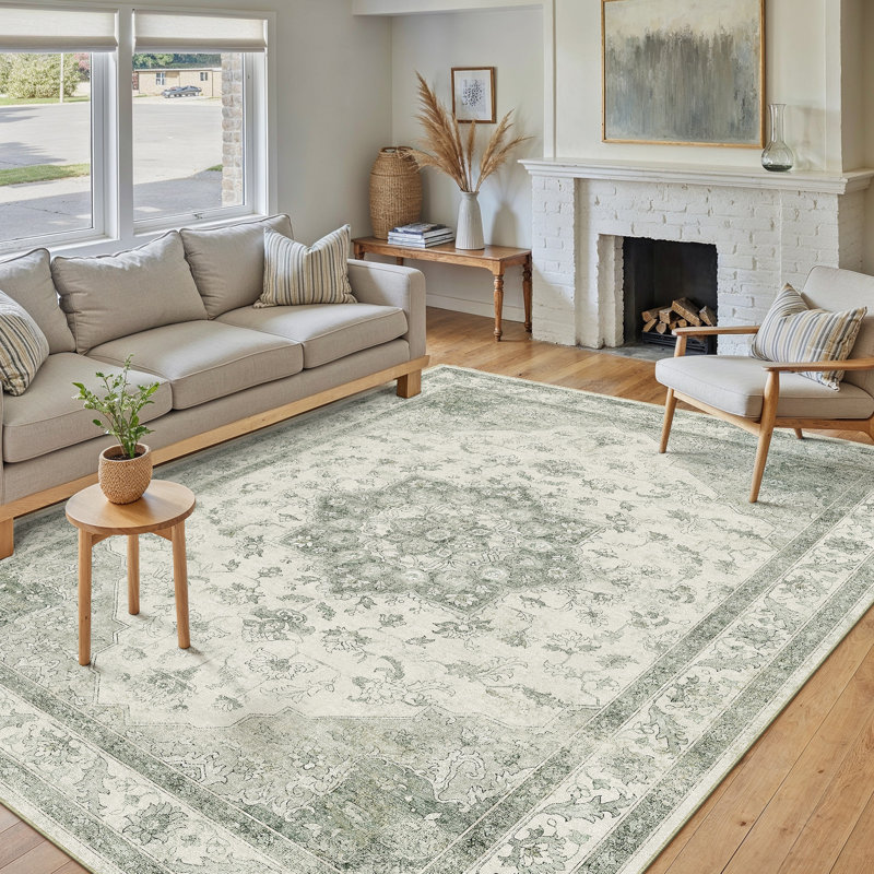 Tapis oriental vert lavable à la machine Stella, Rectangulaire 8 pi x 10 pi, Vert clair