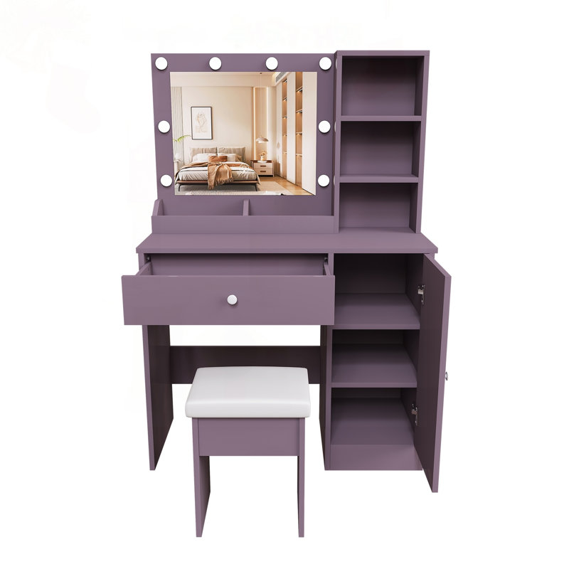 Ensemble de bureau de coiffeuse élégant avec miroir lumineux réglable et rangement