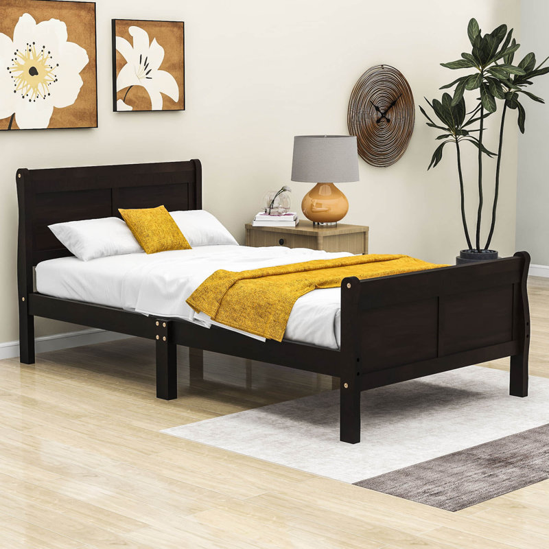 Dovidio Wood Platform Bed Frame with Headboard, Espresso, Twin