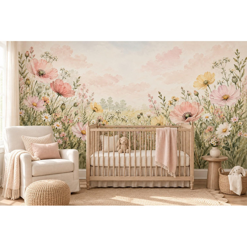 Poppy Meadow Wallpaper Mural, Peel and Stick Kids Room Wall Mural, Watercolor Flower Garden Nursery Wallpaper, 254 x 203 cm