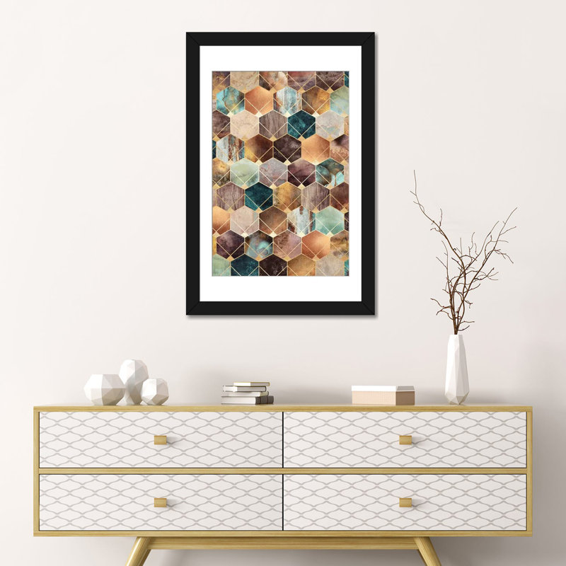 «Natural Hexagons and Diamonds», impression sur toile, Papier d'art encadré noir, H 24 po x l 16 po x P 1 po, Blanc