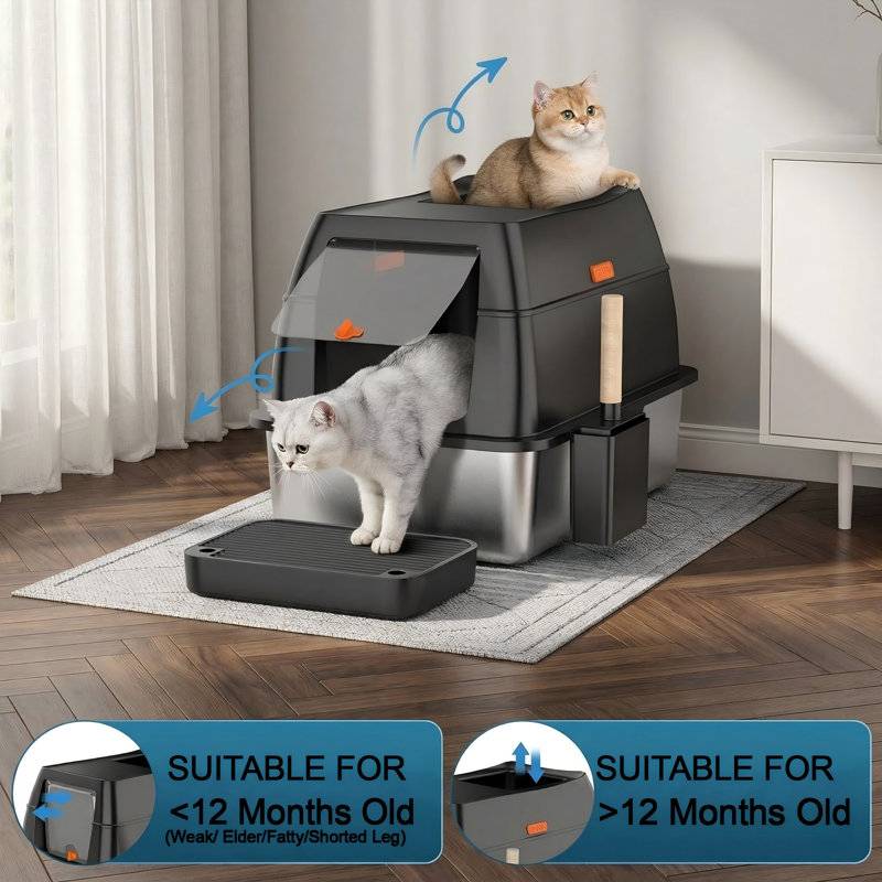 Bac à litière fermé en acier inoxydable avec couvercle, sortie supérieure à l'avant, très grand bac à chat en métal, avec pelle et tapis de litière, noir