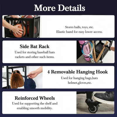 Organisateur d'équipement sportif, support de rangement pour ballons de sport, chariot à ballons roulant à 4 niveaux pour garage, intérieur et extérieur, idéal pour ranger jouets et équipements sportifs.