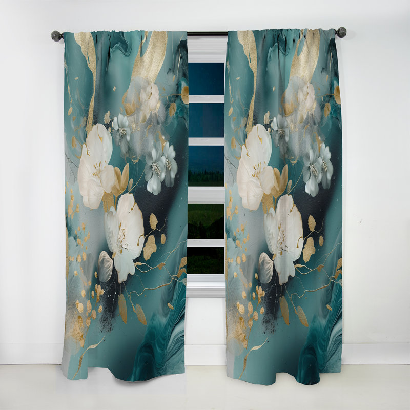Cathia - Golden Blue Marble Flower Design II - Floral Curtain - Velvet Room Darkening - 1 panel, 52" W x 120" L