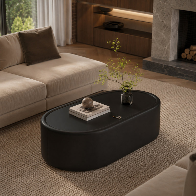 Table basse ovale avec rangement caché, plateau en verre trempé et structure rembourrée en cuir Caston, Noir