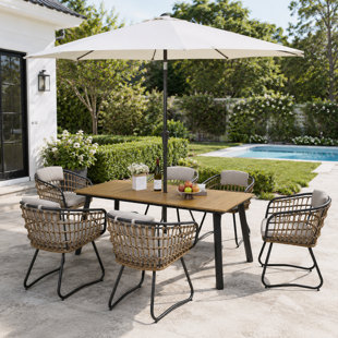 7 Piece Outdoor Wicker Dining Table Set for 6 with Umbrella Hole