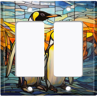 Metal Light Switch Plate Cover; US Standard Size 2 Gang GFI Rocker - Penguins Stained Glass PRINT