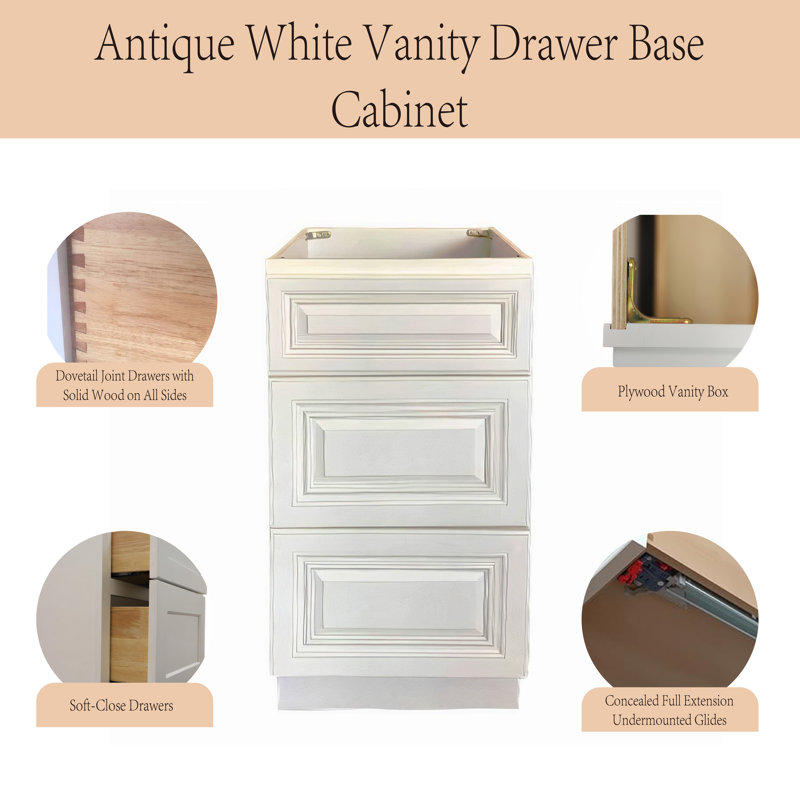 Armoire de meuble-lavabo 18 po à 3 tiroirs, prête à assembler, Blanc antique